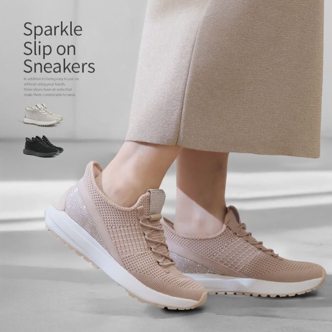 スニーカー 手を使わずに履ける スリップオンシューズ 軽量 ニット キラキラ ストーン フラット ひも靴 ゴム紐 9212
