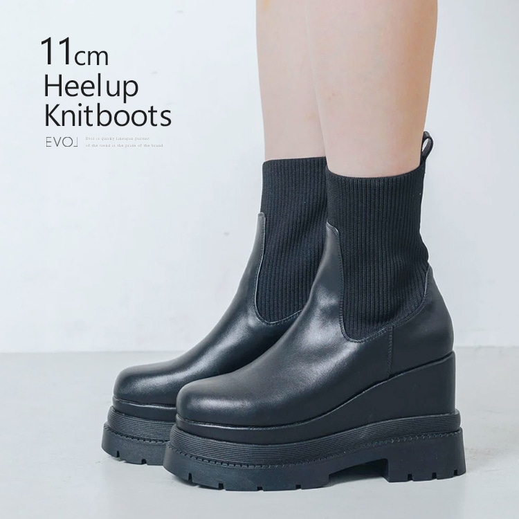 厚底ニットブーツ 11cmヒール ショートブーツ 新作 レディース リブ ストレッチ ボリュームソール ブラック 5803