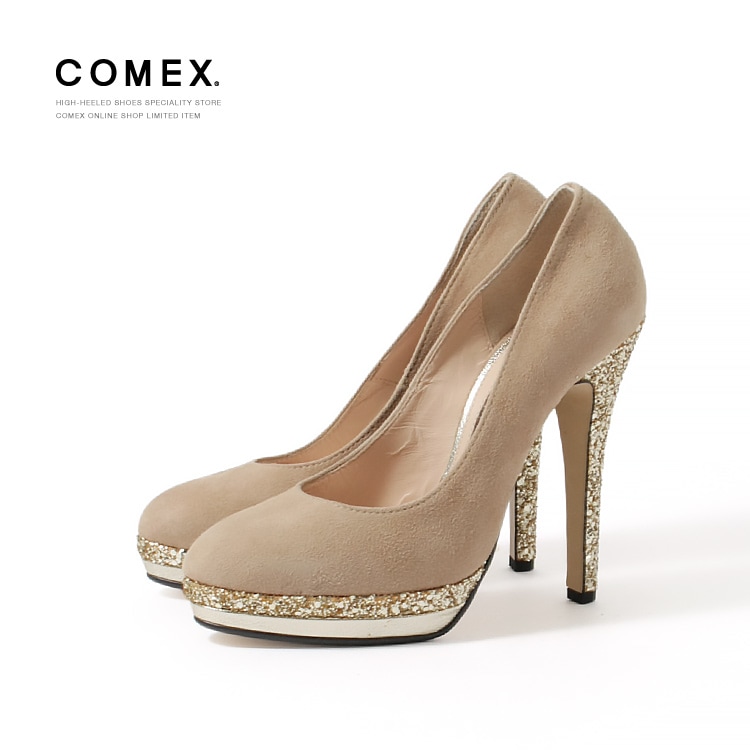 【訳あり】【アウトレット】コメックス 22.5cm パンプス ヒール13cm ラウンドトゥ 本革 日本製 スエード ラメ  厚底 プラットフォーム COMEX 7244