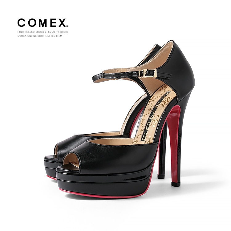 【訳あり】【アウトレット】コメックス パンプス  24.5cm ハイヒール オープントゥ ピンヒール ヒール14cm 本革 厚底 ストラップ COMEX プラットフォーム 5589