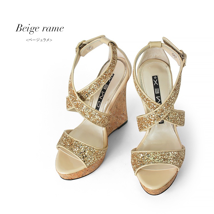 【訳あり】【アウトレット】 コメックス サンダル ハイヒール ヒール12cm ラメ クロスベルト ウエッジソール ストラップ コルク 3005