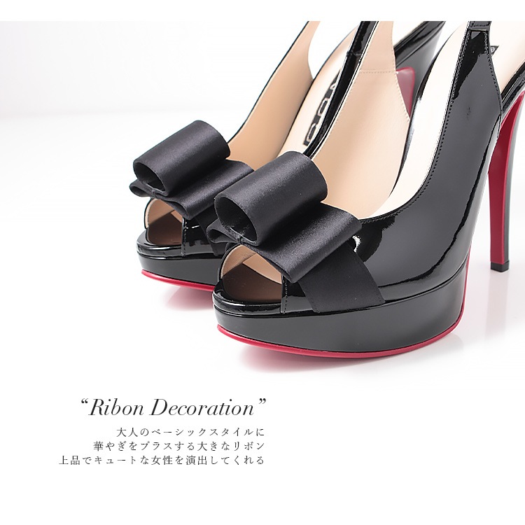 COMEX コメックス パンプス ハイヒール リボン ヒール14cm オープントゥ バックベルト 厚底 本革 日本製 エナメル 5729