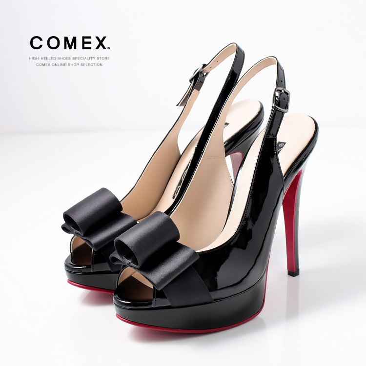 COMEX コメックス パンプス ハイヒール リボン ヒール14cm オープントゥ バックベルト 厚底 本革 日本製 エナメル 5729