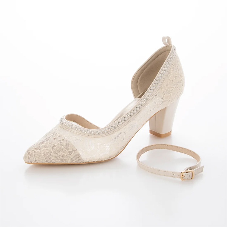 パンプス チュール レース 6ｃｍヒール 太ヒール アーモンドトゥ アンクルストラップ 2025新作 ラインストーン 6247