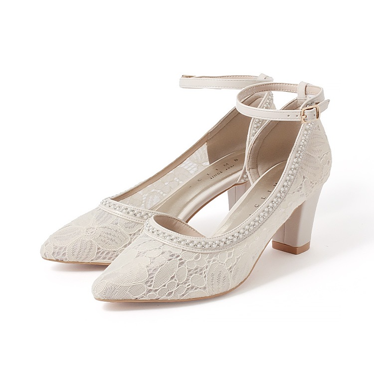 パンプス チュール レース 6ｃｍヒール 太ヒール アーモンドトゥ アンクルストラップ 2025新作 ラインストーン 6247