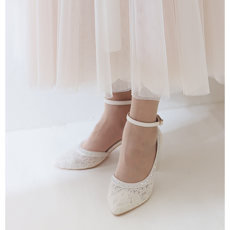 パンプス チュール レース 6ｃｍヒール 太ヒール アーモンドトゥ アンクルストラップ 2025新作 ラインストーン 6247