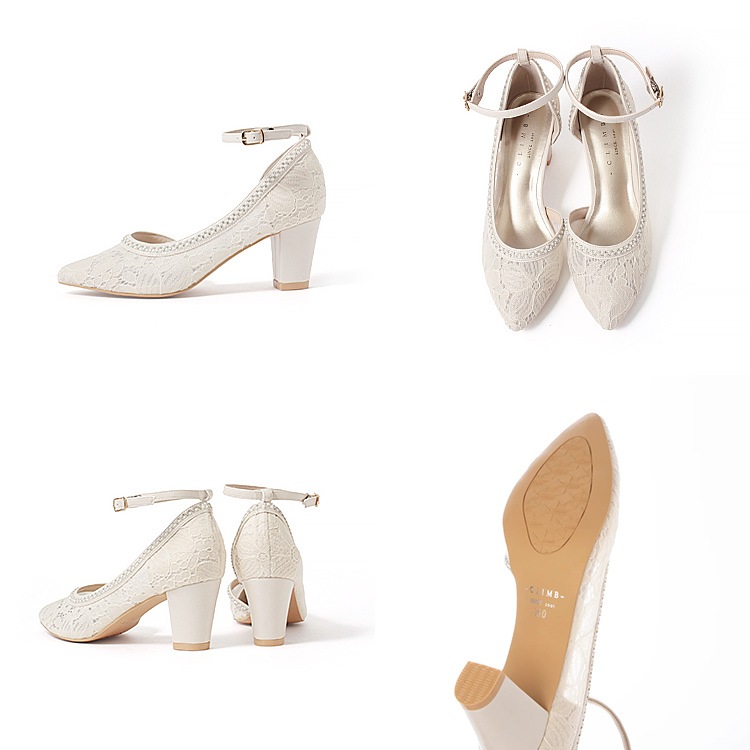 パンプス チュール レース 6ｃｍヒール 太ヒール アーモンドトゥ アンクルストラップ 2025新作 ラインストーン 6247