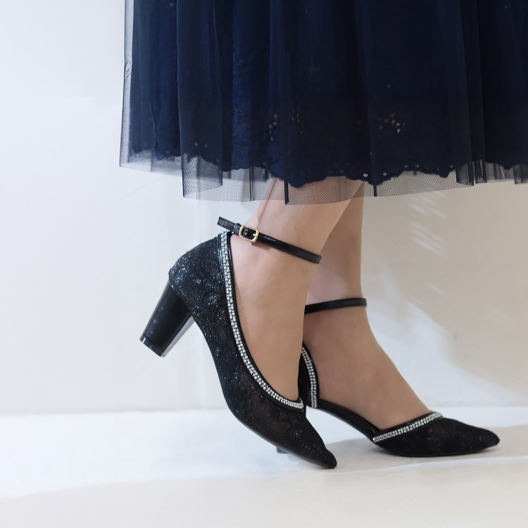 パンプス チュール レース 6ｃｍヒール 太ヒール アーモンドトゥ アンクルストラップ 2025新作 ラインストーン 6247