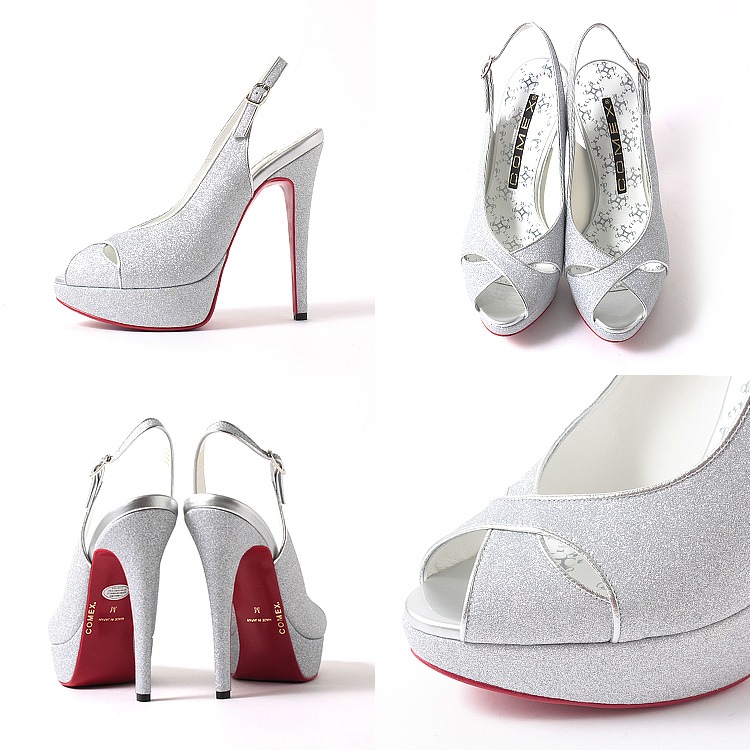 COMEX パンプス ハイヒール オープントゥ ラメ サンダル ヒール14cm ピンヒール アンクルストラップ ベージュ シルバー ブラック 5693