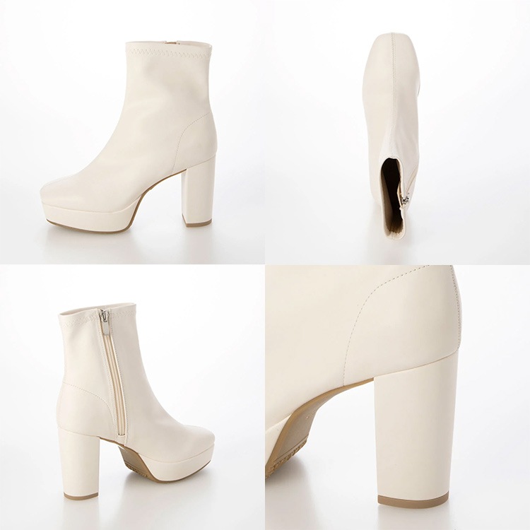 ショートブーツ 厚底ブーツ スクエアトゥ ハイヒール ヒール9cm チャンキーヒール ブラック アイボリー 23812