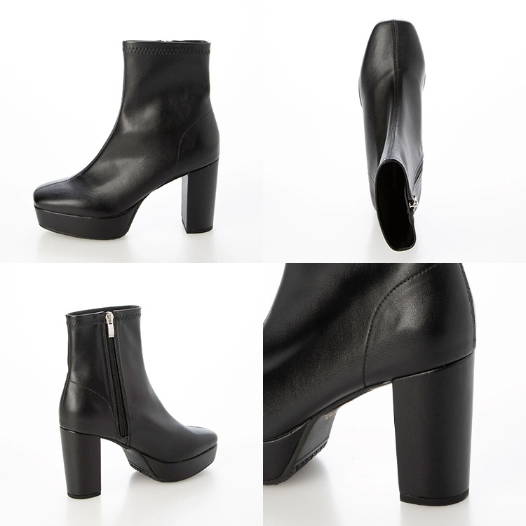 ショートブーツ 厚底ブーツ スクエアトゥ ハイヒール ヒール9cm チャンキーヒール ブラック アイボリー 23812