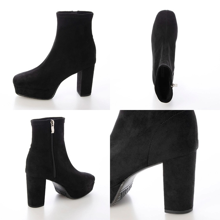 ショートブーツ 厚底ブーツ スクエアトゥ ハイヒール ヒール9cm チャンキーヒール ブラック アイボリー 23812