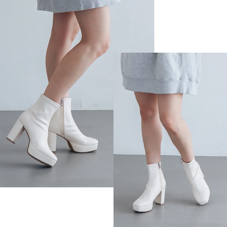 ショートブーツ 厚底ブーツ スクエアトゥ ハイヒール ヒール9cm チャンキーヒール ブラック アイボリー 23812