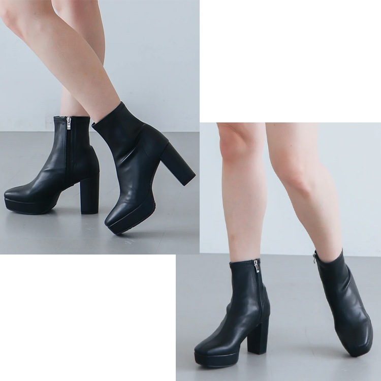 ショートブーツ 厚底ブーツ スクエアトゥ ハイヒール ヒール9cm チャンキーヒール ブラック アイボリー 23812