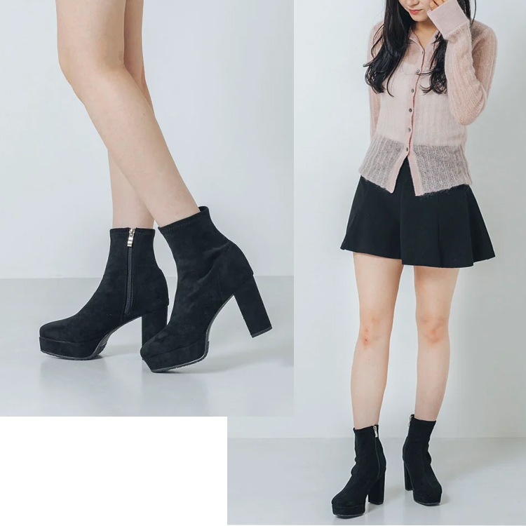 ショートブーツ 厚底ブーツ スクエアトゥ ハイヒール ヒール9cm チャンキーヒール ブラック アイボリー 23812