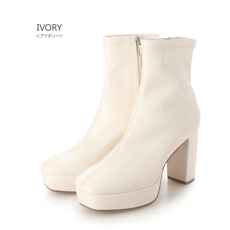ショートブーツ 厚底ブーツ スクエアトゥ ハイヒール ヒール9cm チャンキーヒール ブラック アイボリー 23812