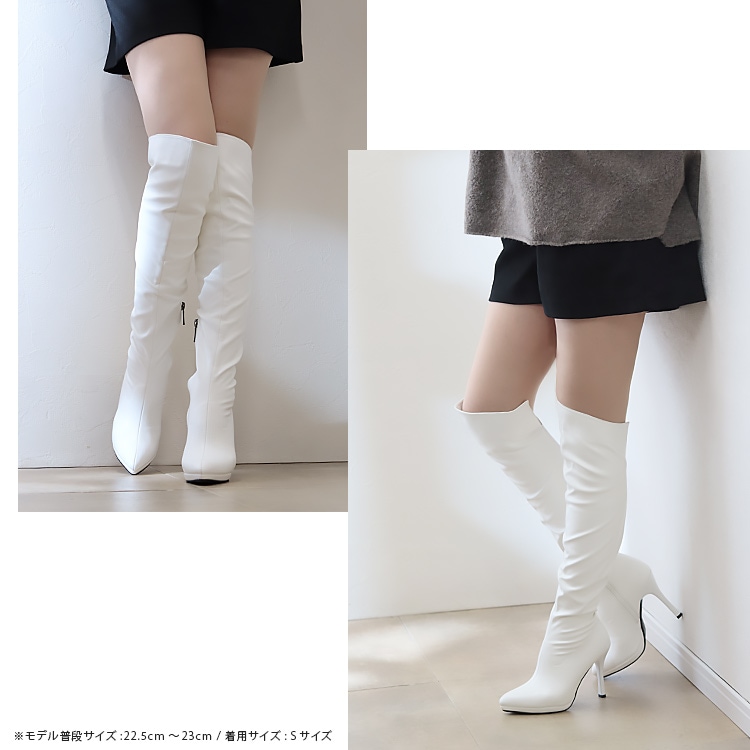 ニーハイブーツ ストレッチブーツ ハイヒール 10cmヒール ポインテッドトゥ プラットフォーム ピンヒール ホワイト ブラック 3044