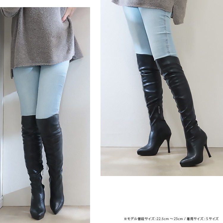 ニーハイブーツ ストレッチブーツ ハイヒール 10cmヒール ポインテッドトゥ プラットフォーム ピンヒール ホワイト ブラック 3044