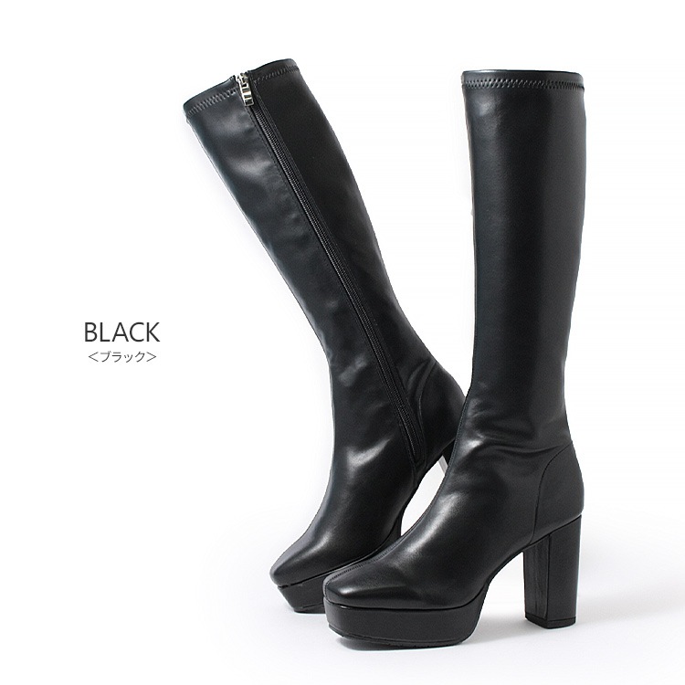 ロングブーツ 厚底ブーツ スクエアトゥ ハイヒール ヒール9cm チャンキーヒール ブラック アイボリー 5817