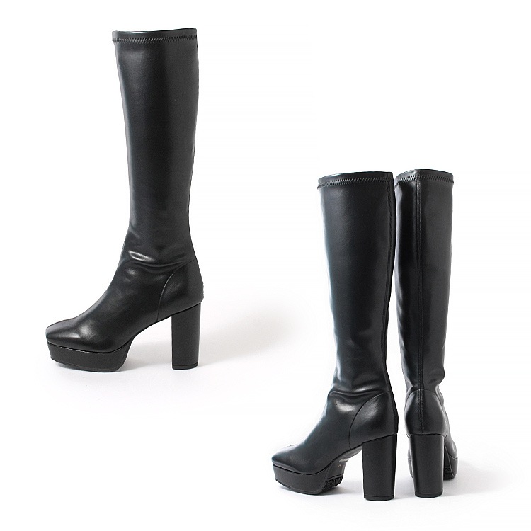 ロングブーツ 厚底ブーツ スクエアトゥ ハイヒール ヒール9cm チャンキーヒール ブラック アイボリー 5817