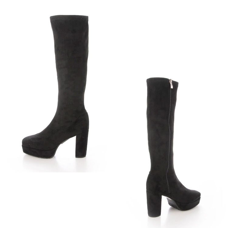 ロングブーツ 厚底ブーツ スクエアトゥ ハイヒール ヒール9cm チャンキーヒール ブラック アイボリー 5817