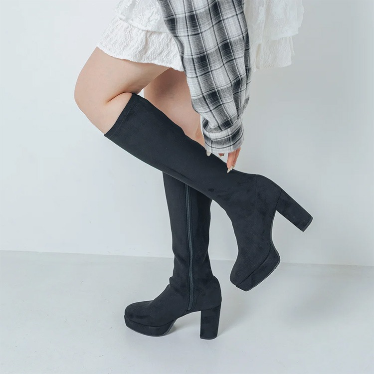 ロングブーツ 厚底ブーツ スクエアトゥ ハイヒール ヒール9cm チャンキーヒール ブラック アイボリー 5817