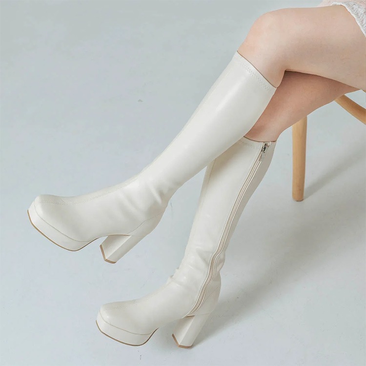 ロングブーツ 厚底ブーツ スクエアトゥ ハイヒール ヒール9cm チャンキーヒール ブラック アイボリー 5817