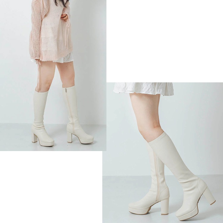 ロングブーツ 厚底ブーツ スクエアトゥ ハイヒール ヒール9cm チャンキーヒール ブラック アイボリー 5817