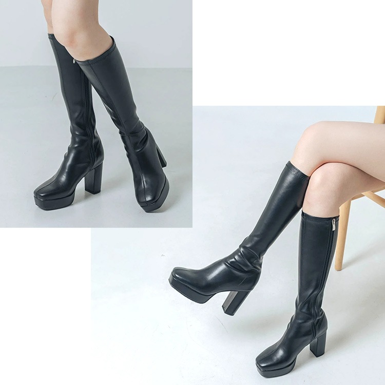 ロングブーツ 厚底ブーツ スクエアトゥ ハイヒール ヒール9cm チャンキーヒール ブラック アイボリー 5817