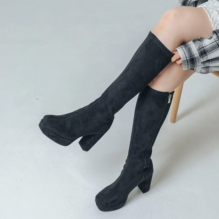 ロングブーツ 厚底ブーツ スクエアトゥ ハイヒール ヒール9cm チャンキーヒール ブラック アイボリー 5817