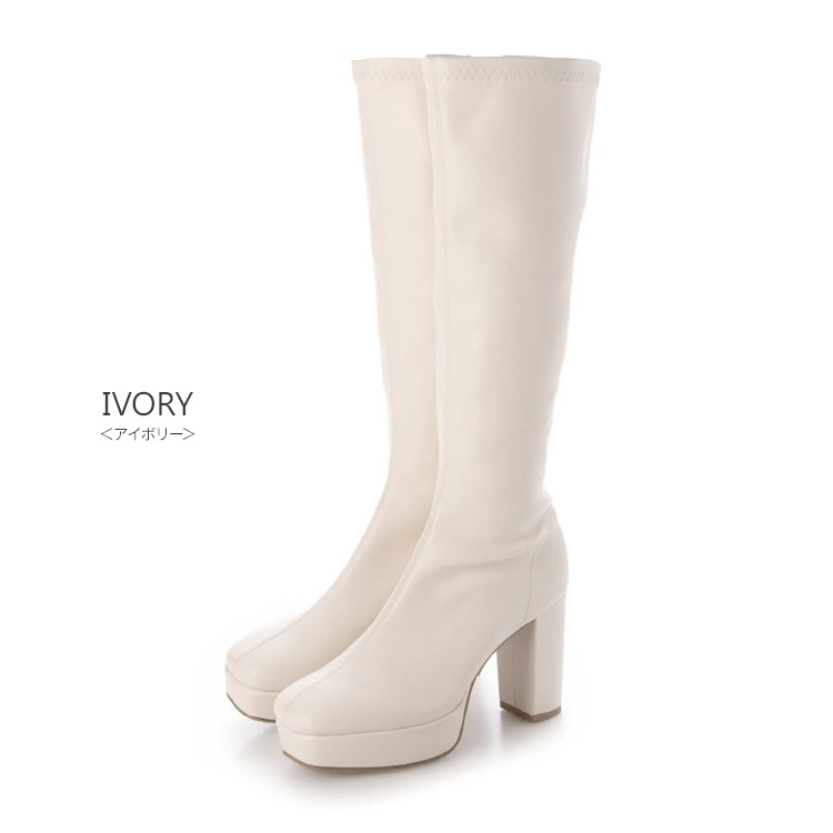 ロングブーツ 厚底ブーツ スクエアトゥ ハイヒール ヒール9cm チャンキーヒール ブラック アイボリー 5817