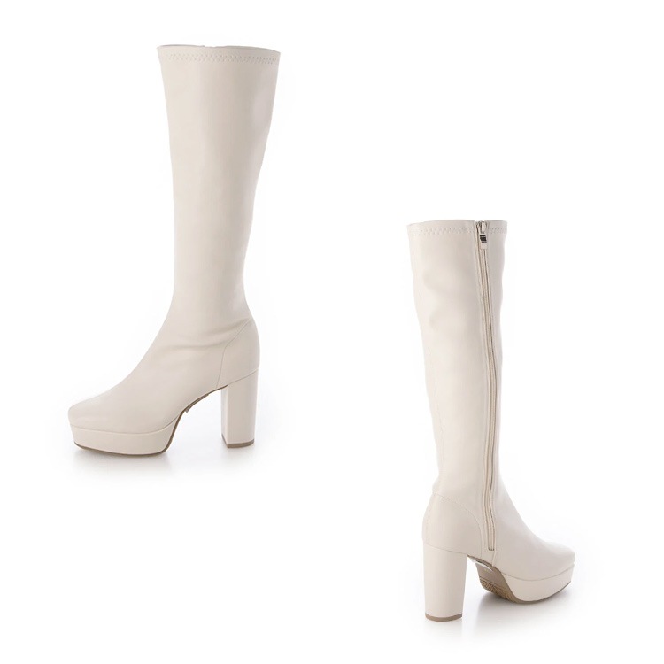 ロングブーツ 厚底ブーツ スクエアトゥ ハイヒール ヒール9cm チャンキーヒール ブラック アイボリー 5817