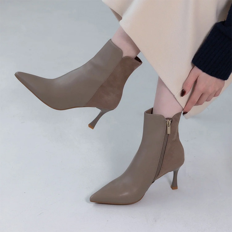 ショートブーツ ポインテッドトゥ 7cmヒール ハイヒール 2025新作 ブラック ベージュ きれいめ ブーツ 23847