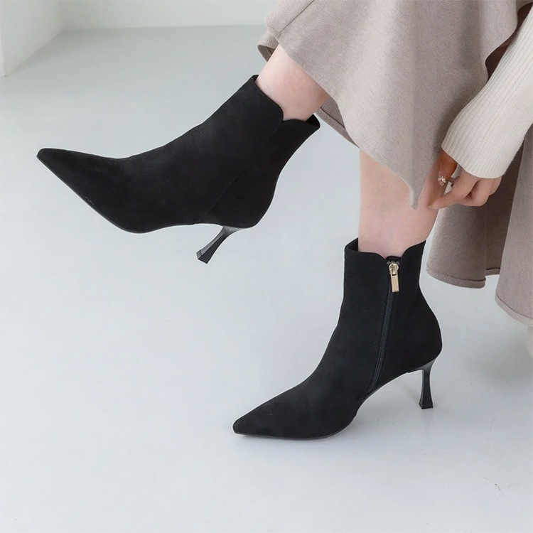 ショートブーツ ポインテッドトゥ 7cmヒール ハイヒール 2025新作 ブラック ベージュ きれいめ ブーツ 23847