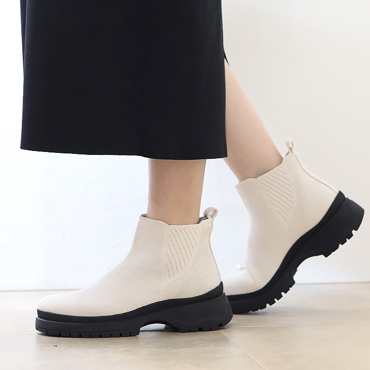 ブーツ 撥水 ニットブーツ スリップインタイプ アンクルブーツ 厚底 2025新作 フラット ヒール6cm 9182