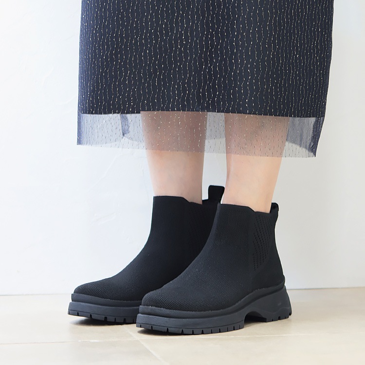 ブーツ 撥水 ニットブーツ スリップインタイプ アンクルブーツ 厚底 2025新作 フラット ヒール6cm 9182