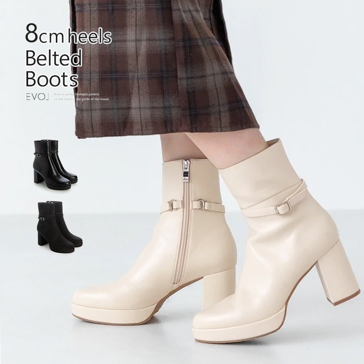 ショートブーツ ベルト 取り外し 2way ブーツ 2025新作 厚底 ハイヒール ヒール8cm 太ヒール チャンキーヒール ブラック アイボリー 5768