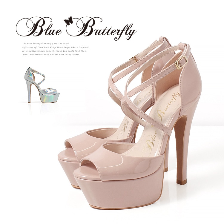 14cmヒール サンダル パンプス 厚底 セパレート ストラップ 2026新作 エナメル ブルーバタフライ 9010
