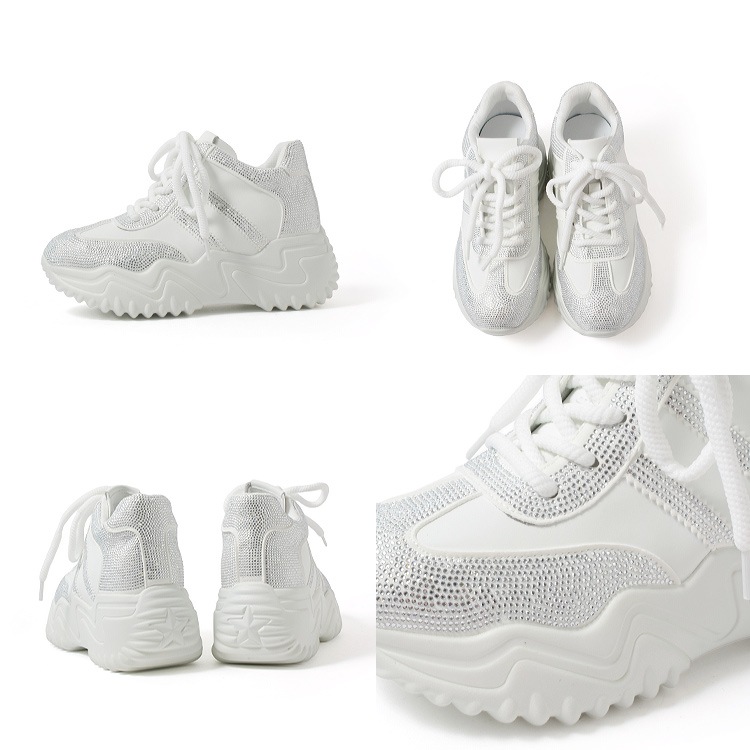 スニーカー キラキラ ラインストーン 撥水 レザー ヒール6cm レースアップ 厚底 ボリューム 2026新作ひも靴 1029