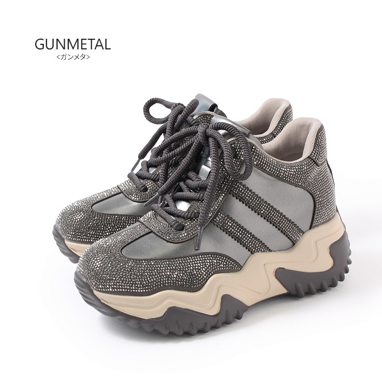 スニーカー キラキラ ラインストーン 撥水 レザー ヒール6cm レースアップ 厚底 ボリューム 2026新作ひも靴 1029