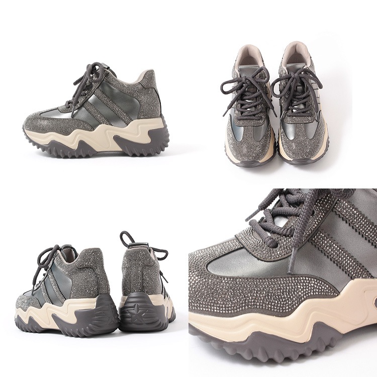 スニーカー キラキラ ラインストーン 撥水 レザー ヒール6cm レースアップ 厚底 ボリューム 2026新作ひも靴 1029