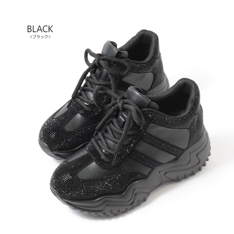 スニーカー キラキラ ラインストーン 撥水 レザー ヒール6cm レースアップ 厚底 ボリューム 2026新作ひも靴 1029