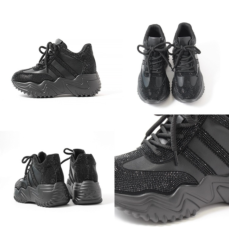 スニーカー キラキラ ラインストーン 撥水 レザー ヒール6cm レースアップ 厚底 ボリューム 2026新作ひも靴 1029