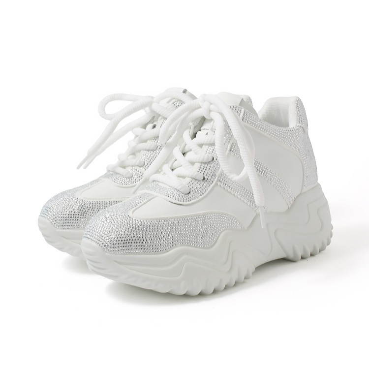 スニーカー キラキラ ラインストーン 撥水 レザー ヒール6cm レースアップ 厚底 ボリューム 2026新作ひも靴 1029