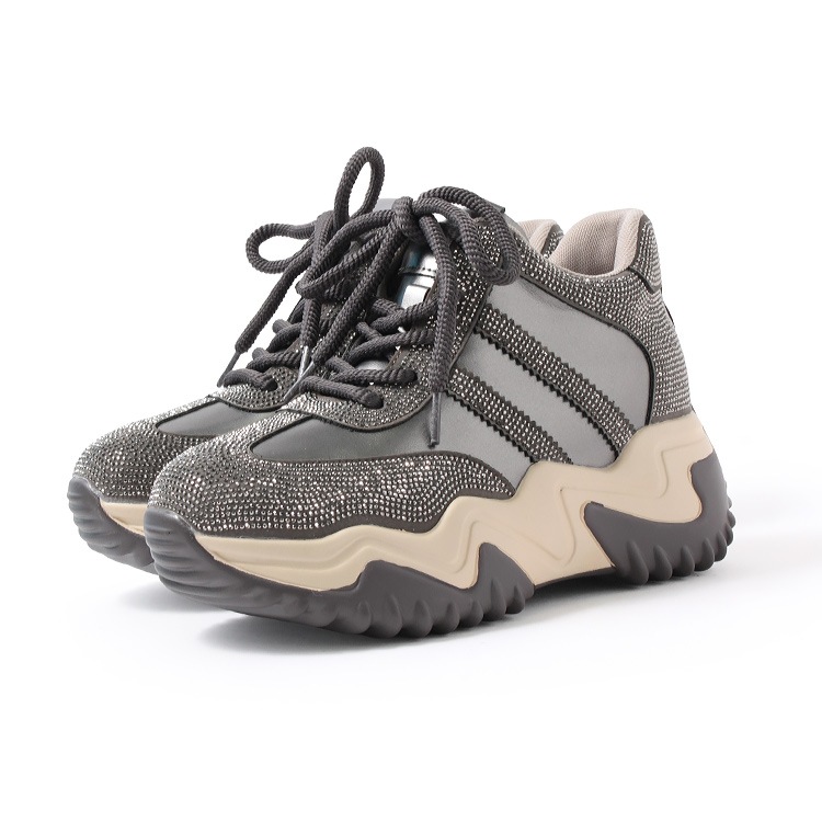 スニーカー キラキラ ラインストーン 撥水 レザー ヒール6cm レースアップ 厚底 ボリューム 2026新作ひも靴 1029