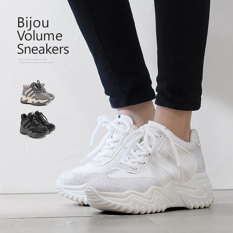 スニーカー キラキラ ラインストーン 撥水 レザー ヒール6cm レースアップ 厚底 ボリューム 2026新作ひも靴 1029