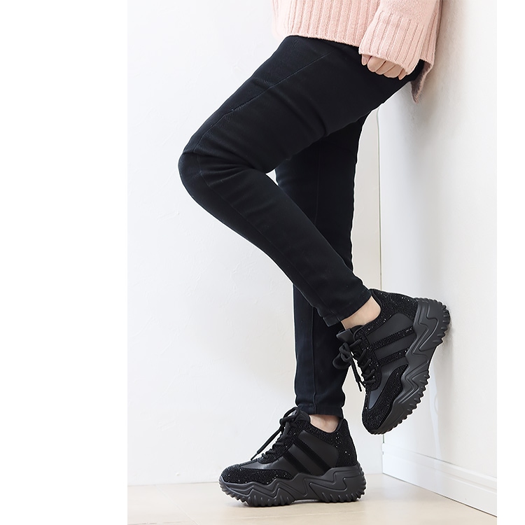 スニーカー キラキラ ラインストーン 撥水 レザー ヒール6cm レースアップ 厚底 ボリューム 2026新作ひも靴 1029