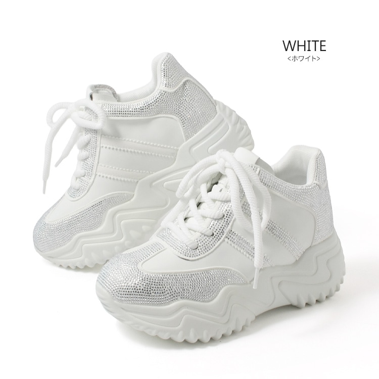 スニーカー キラキラ ラインストーン 撥水 レザー ヒール6cm レースアップ 厚底 ボリューム 2026新作ひも靴 1029