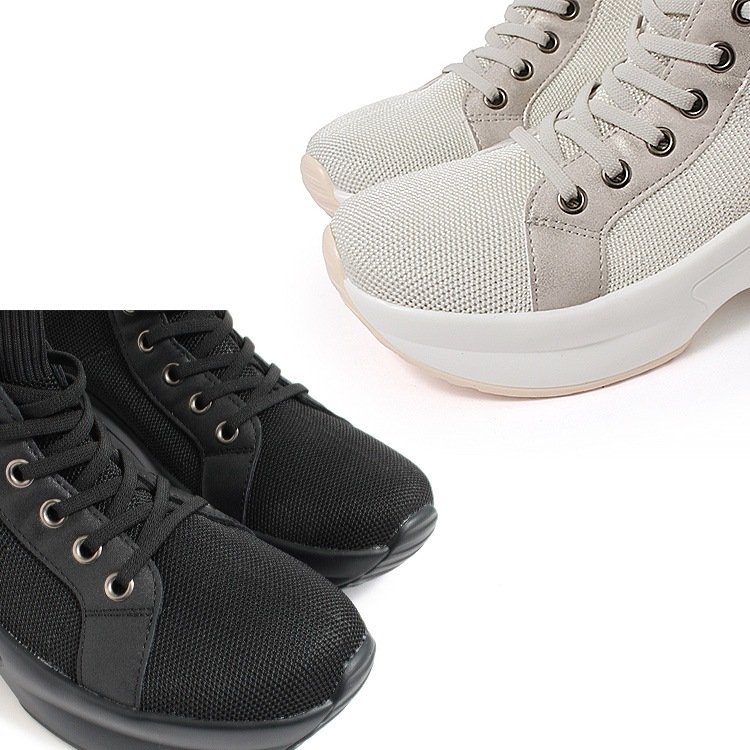 スニーカー 手を使わずに履ける 撥水 スリップインシューズ 6cmヒール 2026新作 厚底 エアーソール レースアップ ゴム紐 ニット 靴 9203