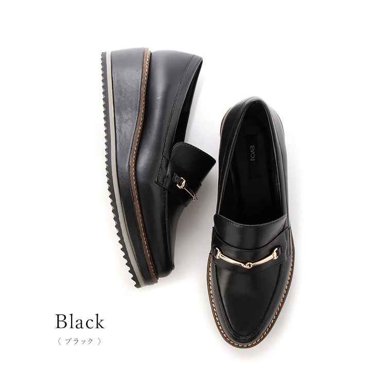 【SALE】イーボル ローファー パンプス アーモンドトゥ  ヒール5cm ローヒール プラットフォーム ビット レザー エナメル EVOL 厚底 9636